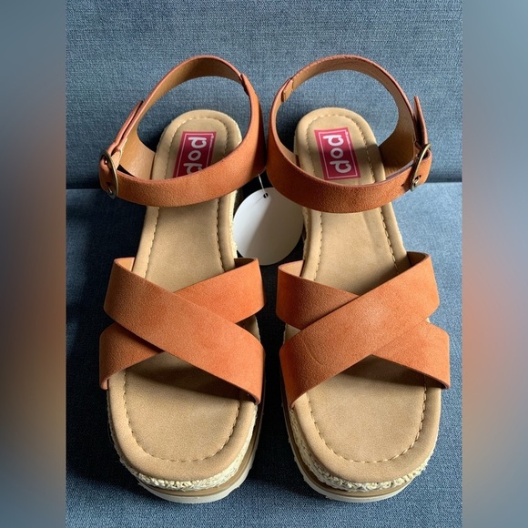 Pop Womens Brown Adjustable Ankle Strap Wedge Espadrille Open Toe Heel Sandals - Picture 4 of 11